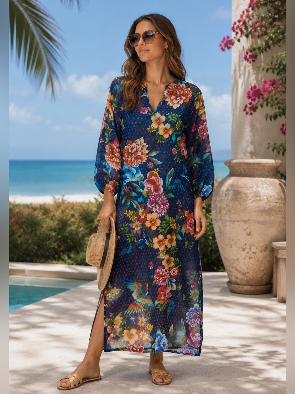 JOHNNY WAS Ocean Dreamer Puff Sleeve Maxi Cover Up Silk Blend NEW